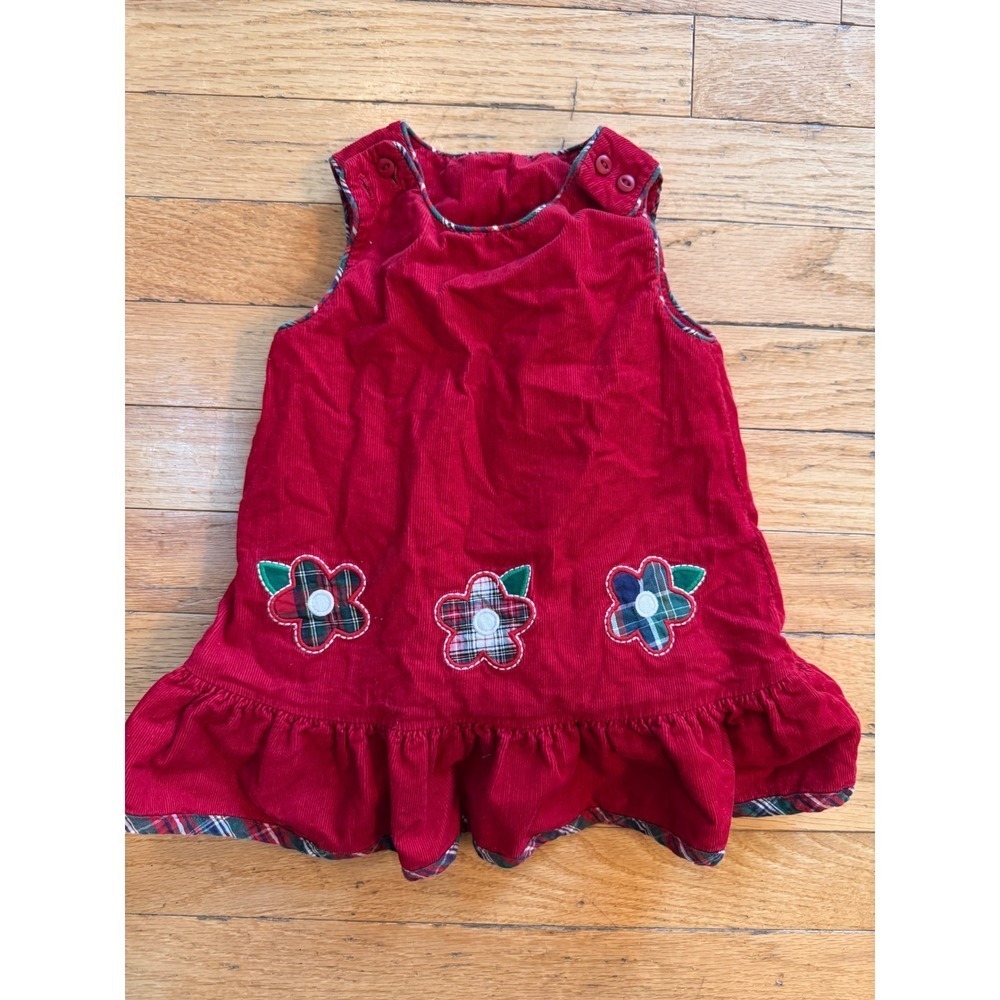 Florence Eiseman Reversible Red Corduroy Dress Plaid Holly 12M‎ Holiday Jumper